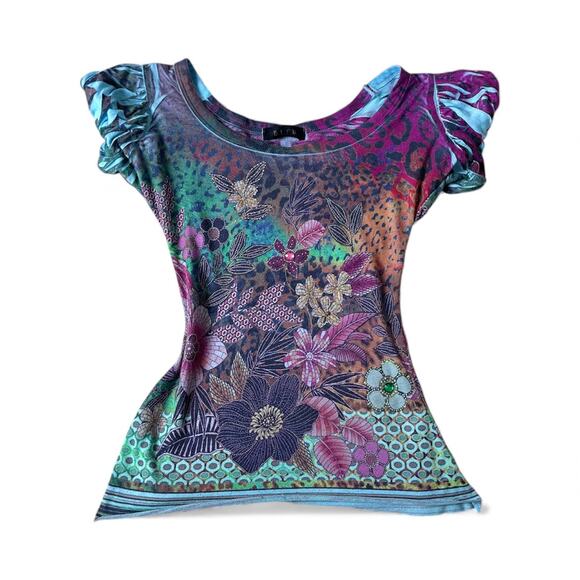 B.L.U.E Fairy Bohochic multicolored short sleeve top with puffed sleeves - Picture 5 of 8